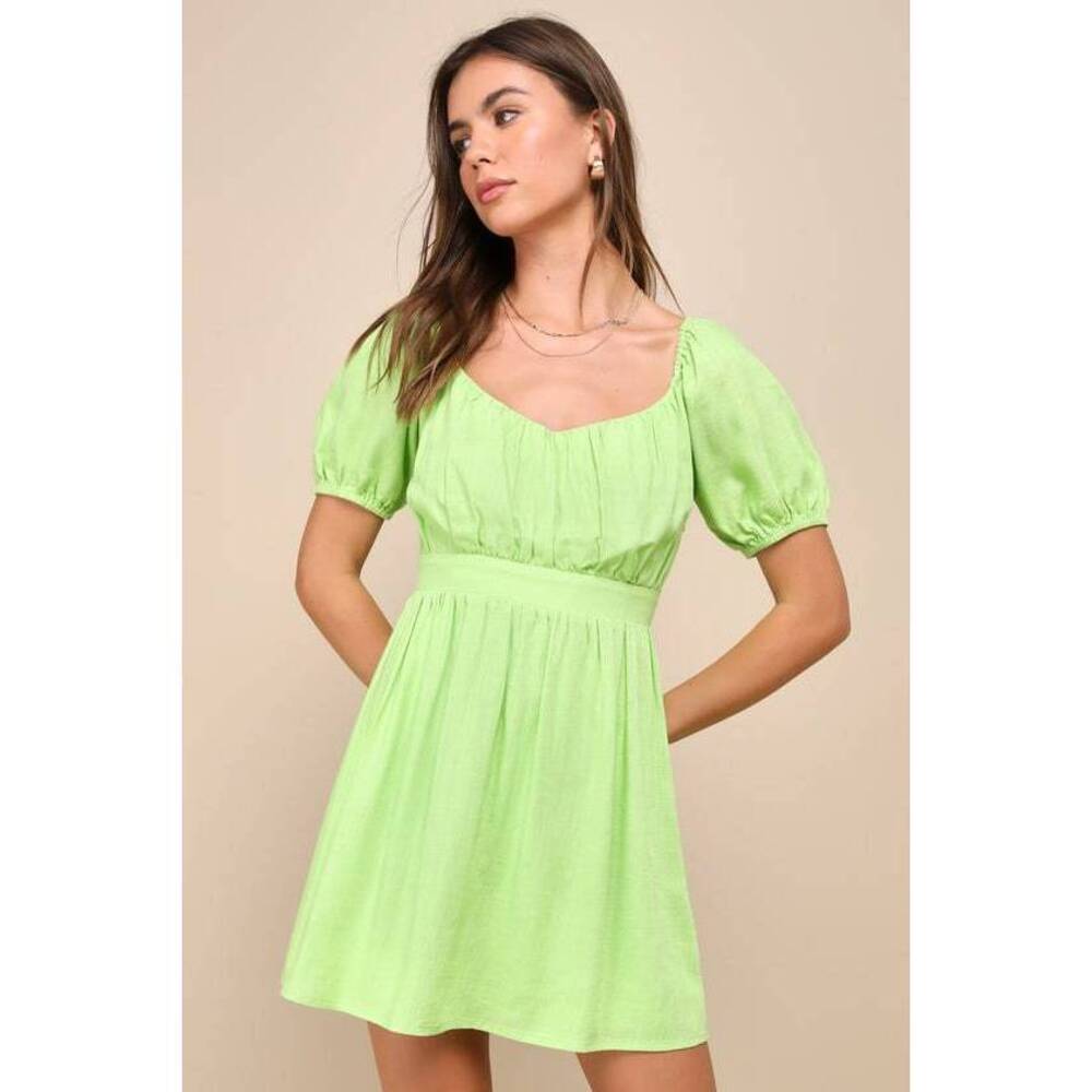 Lulus Effortlessly Endearing Lime Green Puff Sleeve Smocked Mini Dress - Size S